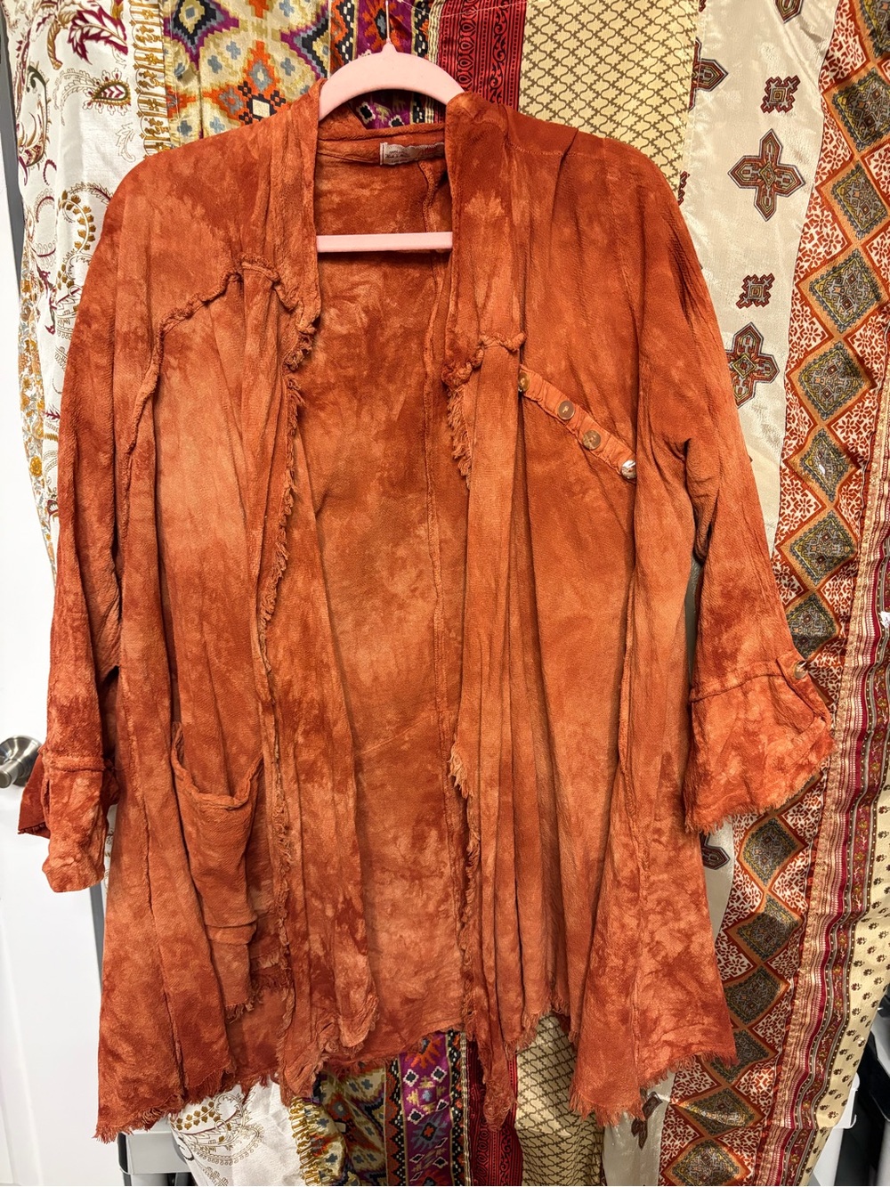 Boho flowy lagenlook  art to wear open cardigan Rust Orange Jacket p2p 25 funky